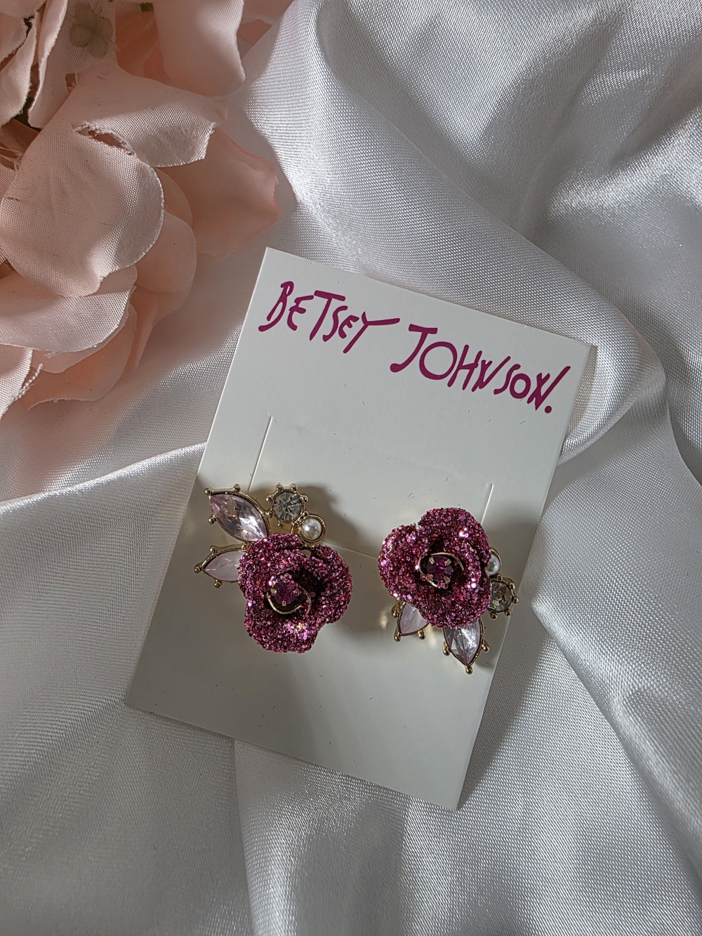 Betsey Johnson - Sparkling Pink Rose Cluster Earrings with Crystal Leaves